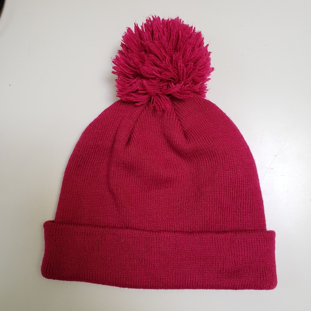 Magenta Pompom Ribbed Beanie Hat - Picture 2 of 3